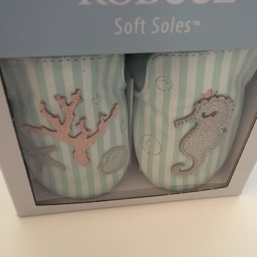Robeez Soft Soles Baby Shoes in Mint Stripe with Seahorse & Coral 18-24M - Picture 9 of 14